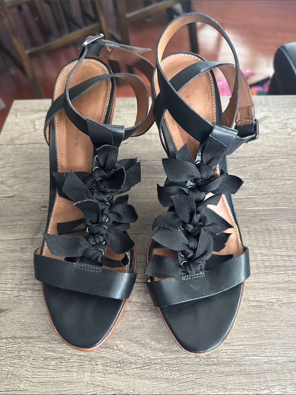 Leifsdottir Black & Beige Leather Heels with Bows - Size 38